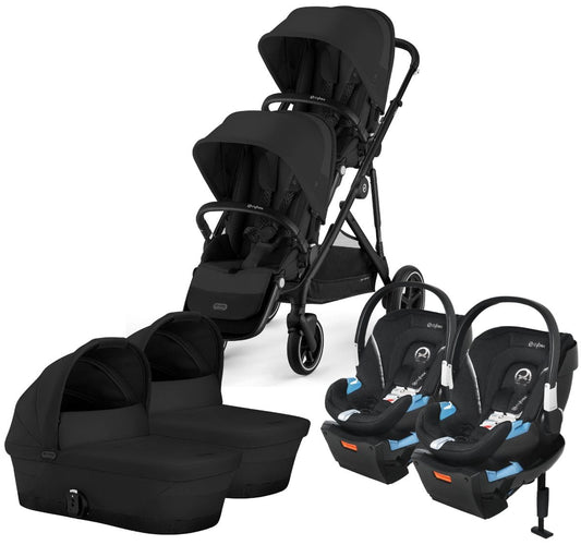 Cybex Gazelle S 2 Twin Double Stroller + Cot + Aton 2 Travel System Bundle - Black Frame / Moon Black / Lavastone Black - TWIN-DBL-COT-TS-522002357