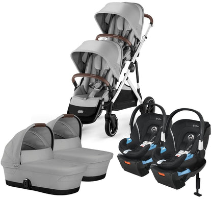 Cybex Gazelle S 2 Twin Double Stroller + Cot + Aton 2 Travel System Bundle - Silver Frame / Lava Grey / Lavastone Black - TWIN-DBL-COT-TS-522004815