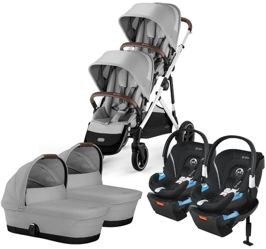 Cybex Gazelle S 2 Twin Double Stroller + Cot + Aton 2 Travel System Bundle - Silver Frame / Lava Grey / Lavastone Black - TWIN-DBL-COT-TS-522004815
