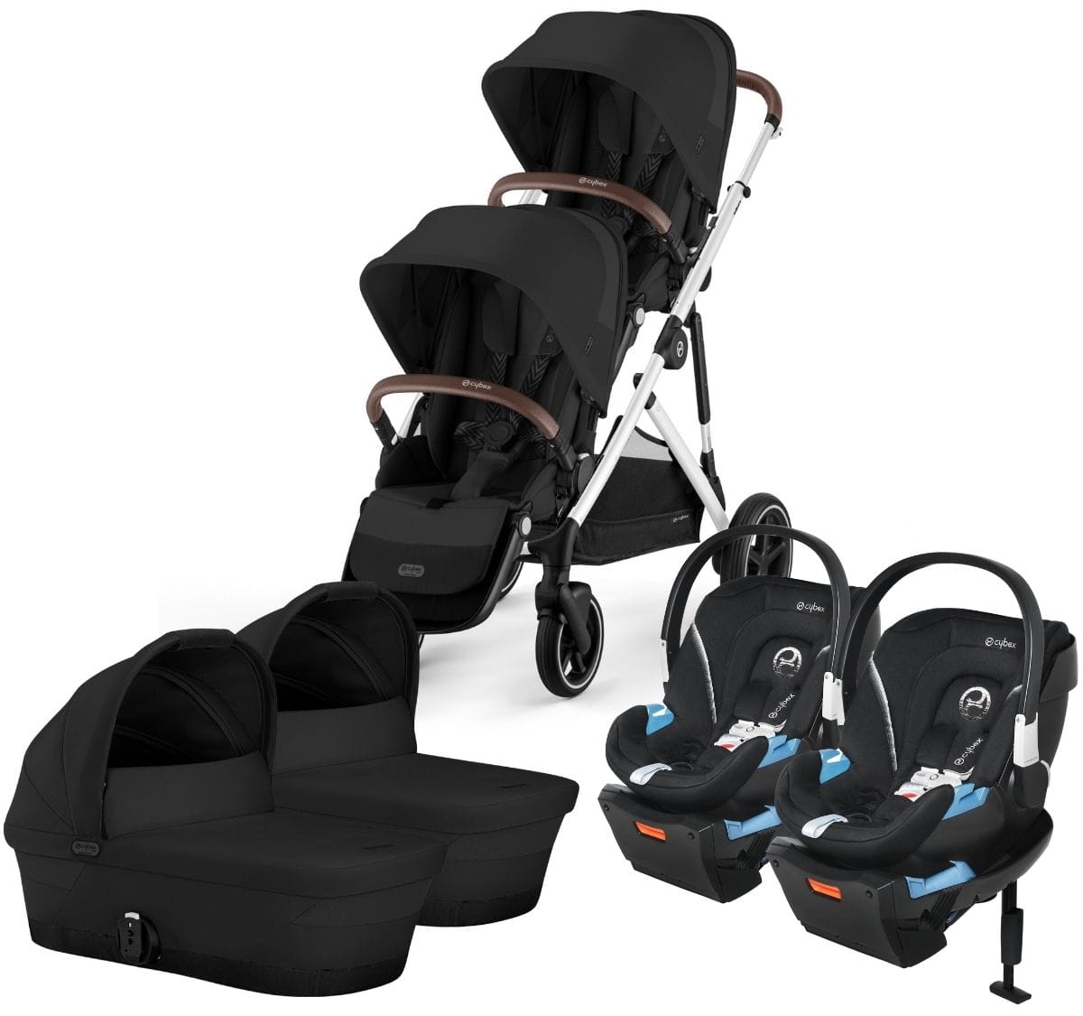 Cybex Gazelle S 2 Twin Double Stroller + Cot + Aton 2 Travel System Bundle - Silver Frame / Moon Black / Lavastone Black - TWIN-DBL-COT-TS-522004813