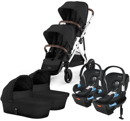 Cybex Gazelle S 2 Twin Double Stroller + Cot + Aton 2 Travel System Bundle - Silver Frame / Moon Black / Lavastone Black - TWIN-DBL-COT-TS-522004813