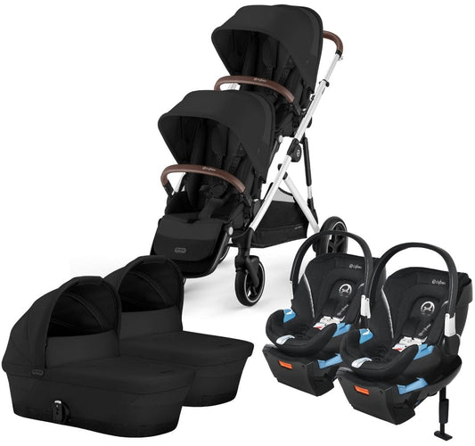 Cybex Gazelle S 2 Twin Double Stroller + Cot + Aton 2 Travel System Bundle - Silver Frame / Moon Black / Lavastone Black - TWIN-DBL-COT-TS-522004813