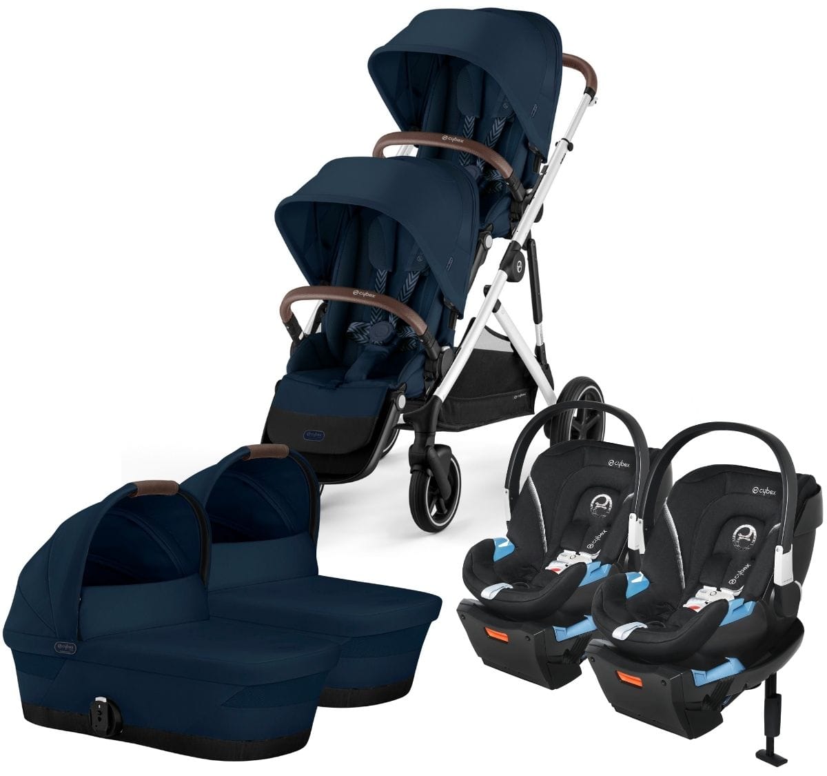 Cybex Gazelle S 2 Twin Double Stroller + Cot + Aton 2 Travel System Bundle - Silver Frame / Ocean Blue / Lavastone Black - TWIN-DBL-COT-TS-522004817