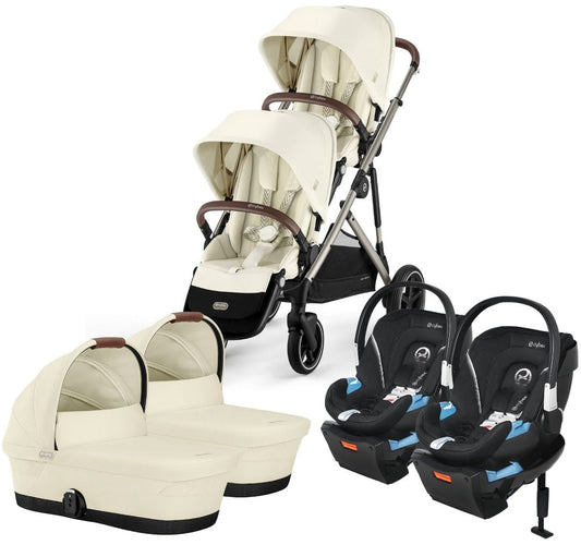 Cybex Gazelle S 2 Twin Double Stroller + Cot + Aton 2 Travel System Bundle - Taupe Frame / Seashell Beige / Lavastone Black - TWIN-DBL-COT-TS-522002367