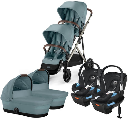 Cybex Gazelle S 2 Twin Double Stroller + Cot + Aton 2 Travel System Bundle - Taupe Frame / Sky Blue / Lavastone Black - TWIN-DBL-COT-TS-522002365