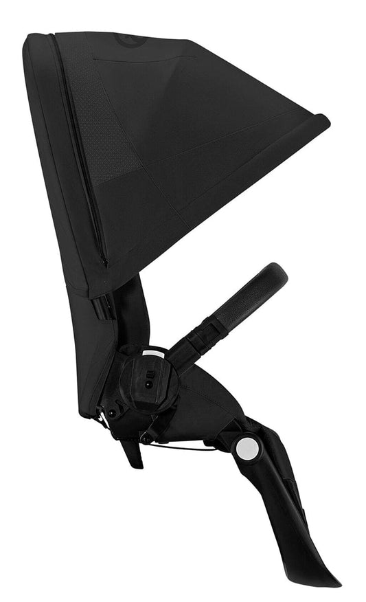 Black second seat for stroller with Moon Black fabric and black frame by Cybex, featuring padded harness and canopy, front view