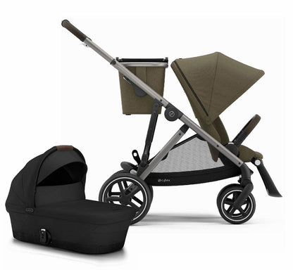 Cybex Gazelle S Single-to-Double Stroller + Cot Bundle - Classic Beige / Moon Black (Taupe Frame)