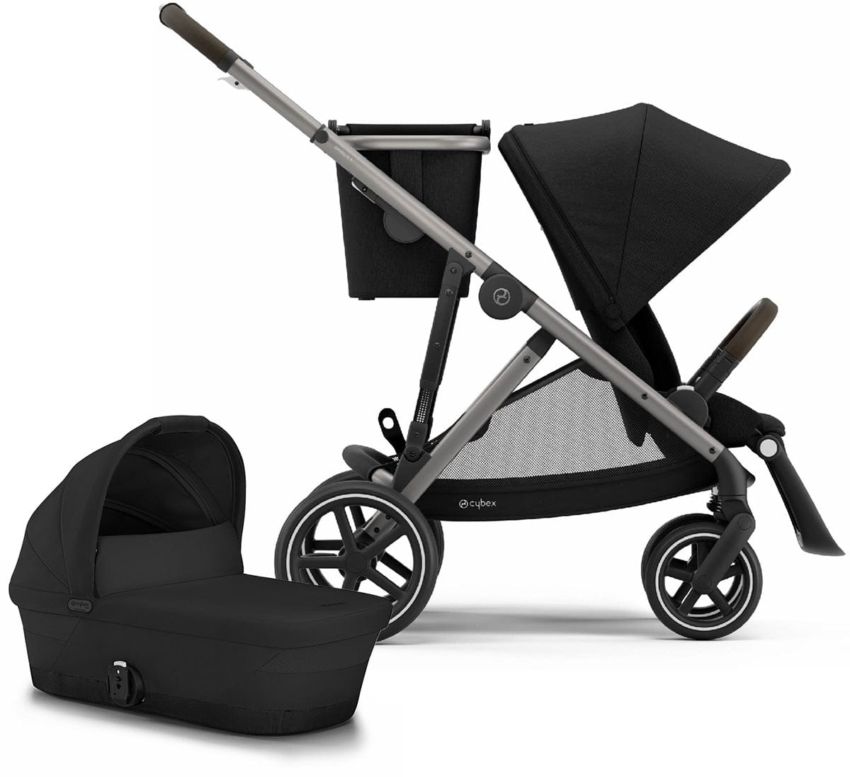 Cybex Gazelle S Single-to-Double Stroller + Cot Bundle - Deep Black / Moon Black (Taupe Frame) - 520003561-522002381