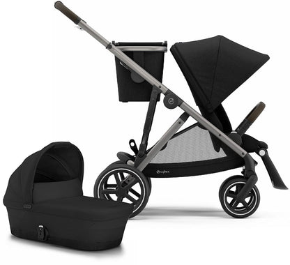 Cybex Gazelle S Single-to-Double Stroller + Cot Bundle - Deep Black / Moon Black (Taupe Frame)