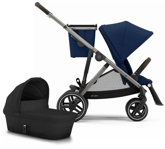 Cybex Gazelle S Single-to-Double Stroller + Cot Bundle - Navy Blue / Moon Black (Taupe Frame) - 520003557-522002381