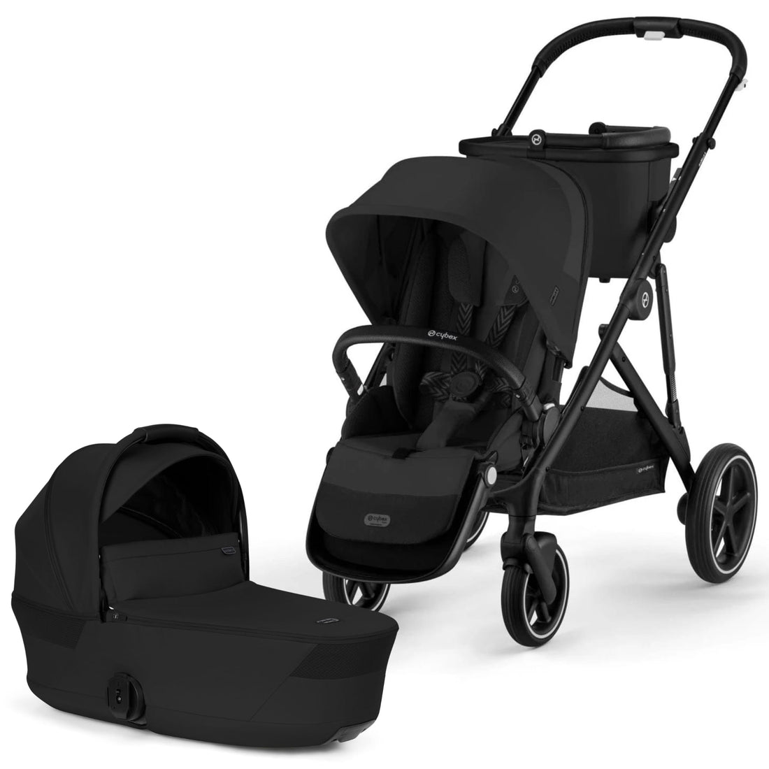 Cybex Gazelle S Single-to-Double Stroller + Fold Cot Bundle - Moon Black / Black Frame
