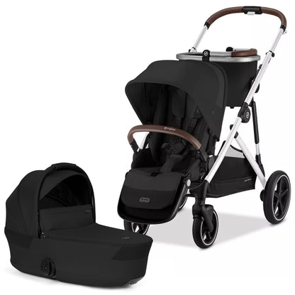 Cybex Gazelle S Single-to-Double Stroller + Fold Cot Bundle - Moon Black / Silver Frame