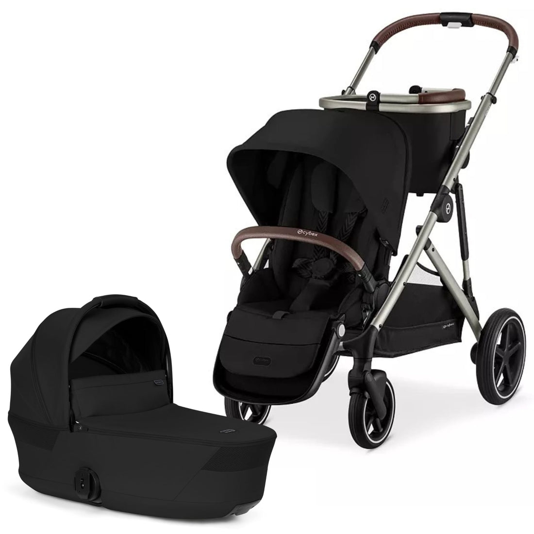 Cybex Gazelle S Single-to-Double Stroller + Fold Cot Bundle - Moon Black / Taupe Frame