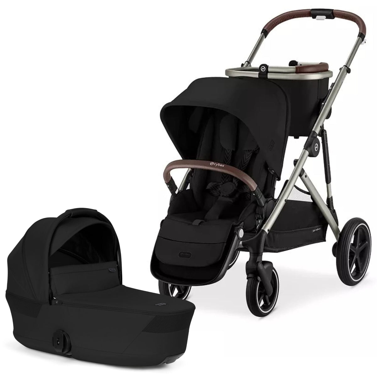 Cybex Gazelle S Single-to-Double Stroller + Fold Cot Bundle - Moon Black / Taupe Frame