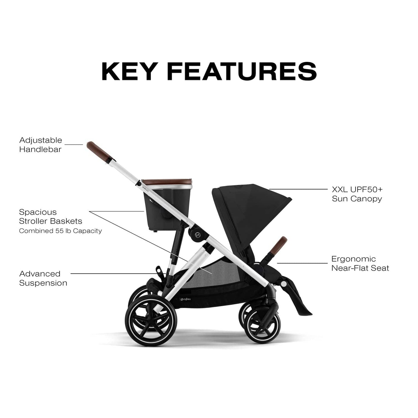 Cybex Gazelle S Single-to-Double Stroller - Silver Frame / Moon Black - 522004813