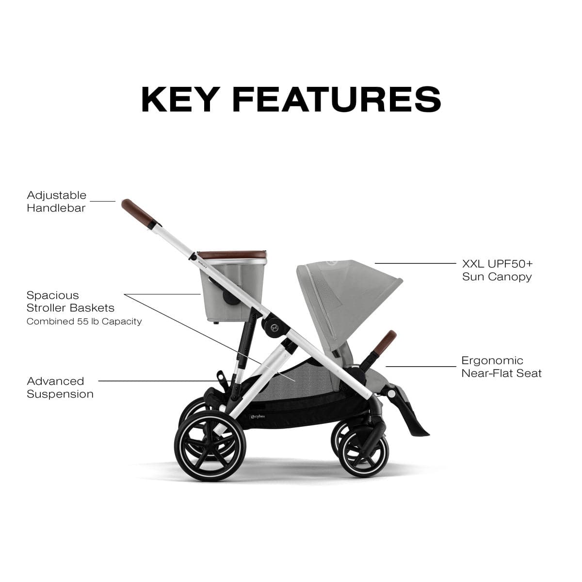 Cybex Gazelle S Single-to-Double Stroller - Silver Frame / Stone Grey - 524001295