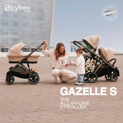 Cybex Gazelle S stroller with carrycot and seat configurations outdoors with a woman and two children