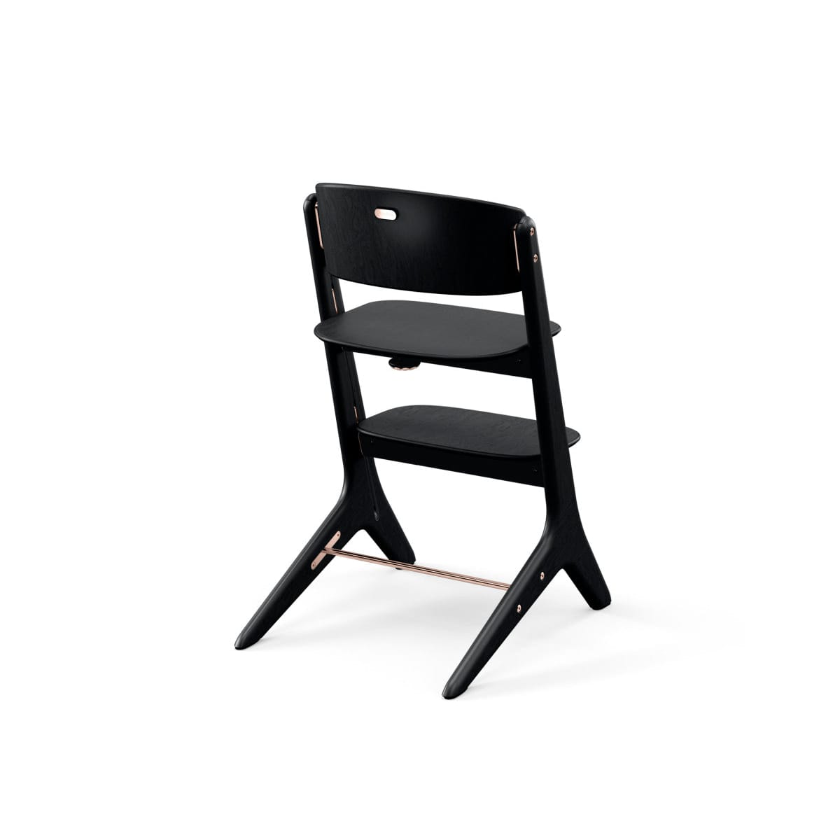 Black wooden high chair with copper accents viewed from the back