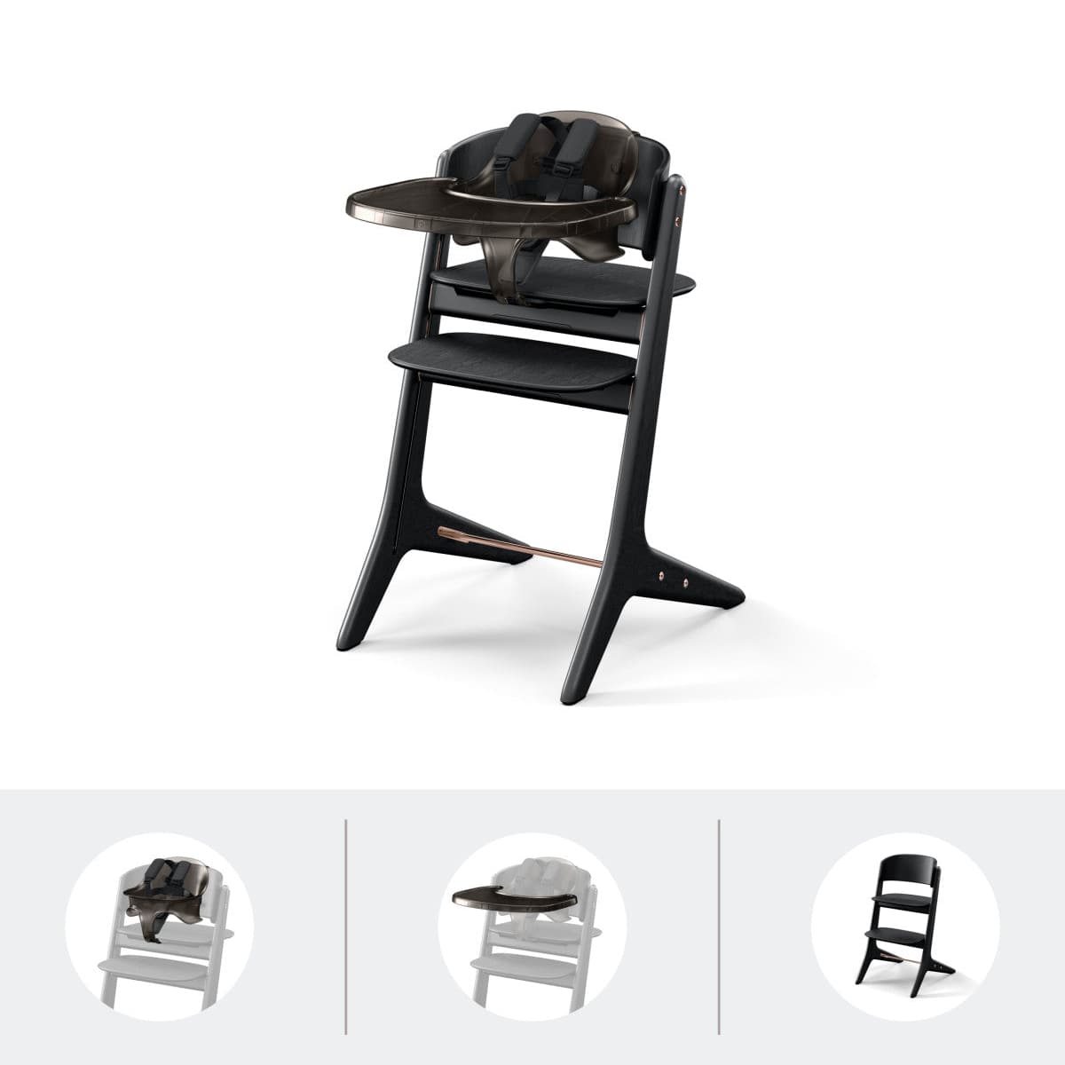 Nomi high chair in black with tray and harness