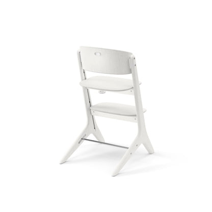 White wooden Stokke high chair viewed from the back