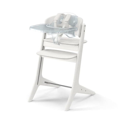 White Stokke Nomi high chair with clear tray and harness