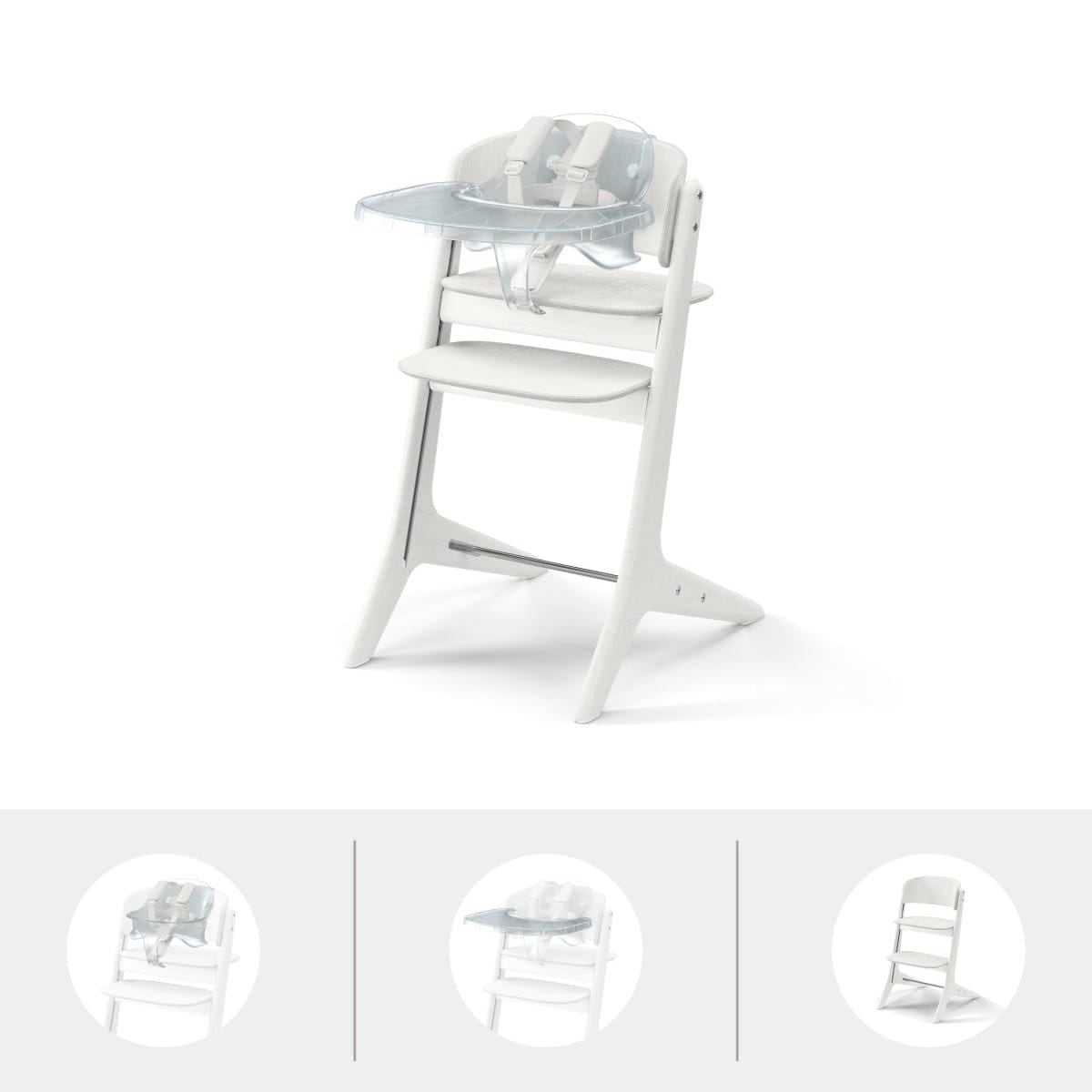 White Stokke Tripp Trapp high chair with clear tray and harness
