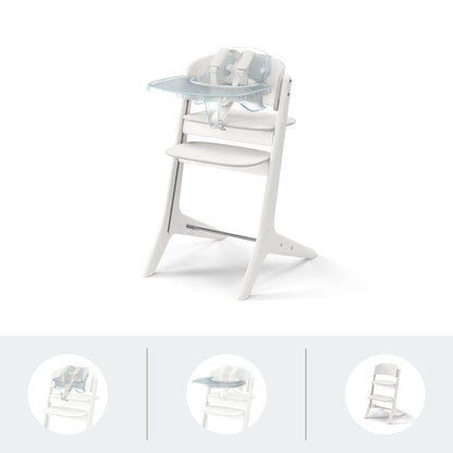 White Stokke Tripp Trapp high chair with clear tray and harness