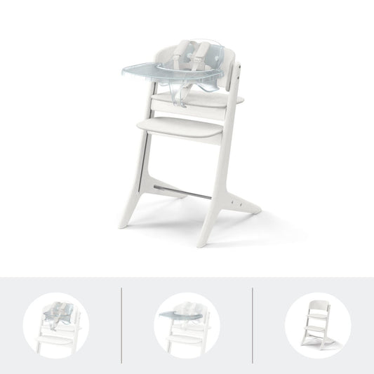 White Stokke Nomi high chair with clear tray and harness