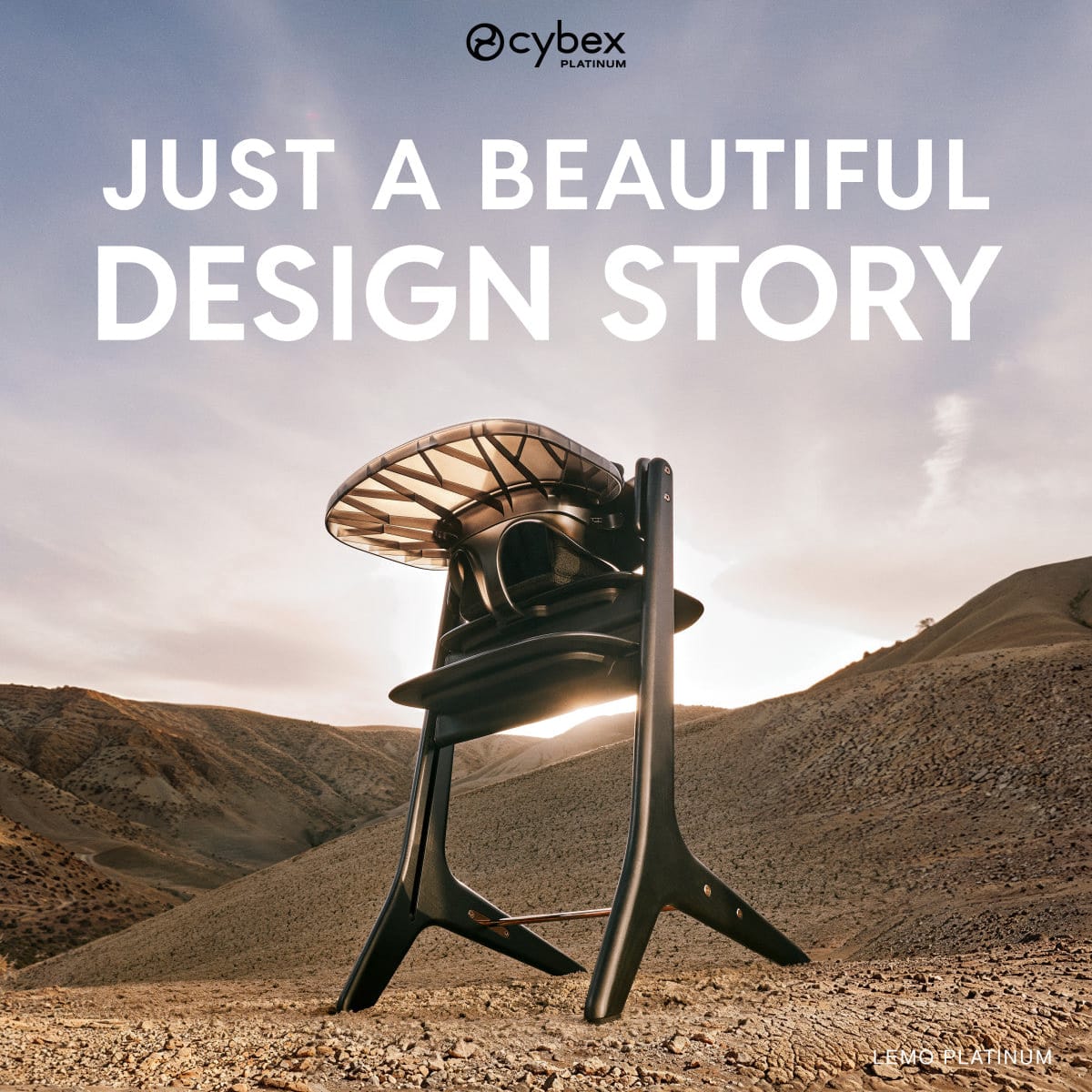 Cybex Lemo Platinum high chair standing in a desert landscape
