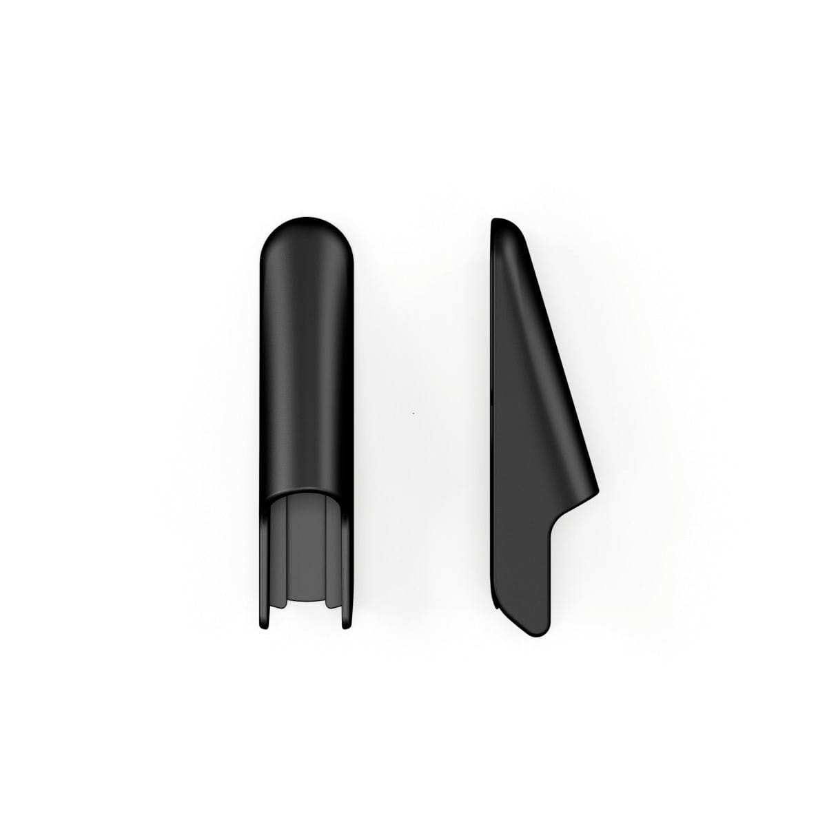 Two black Cybex stroller frame connector covers shown from front and side angles