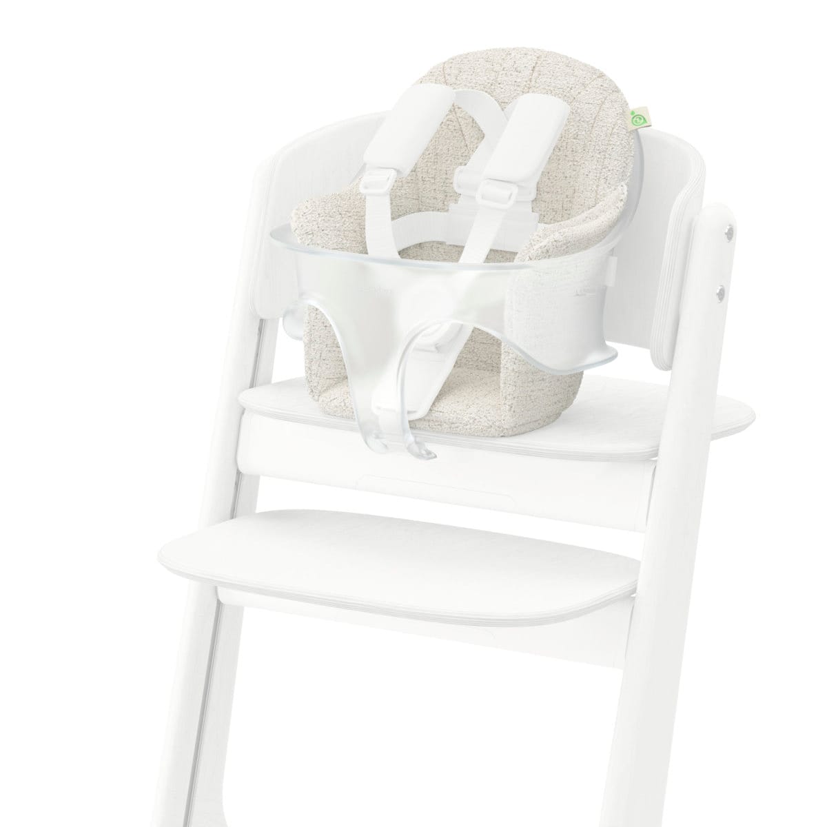 White high chair with beige textured seat cushion and clear plastic safety guard