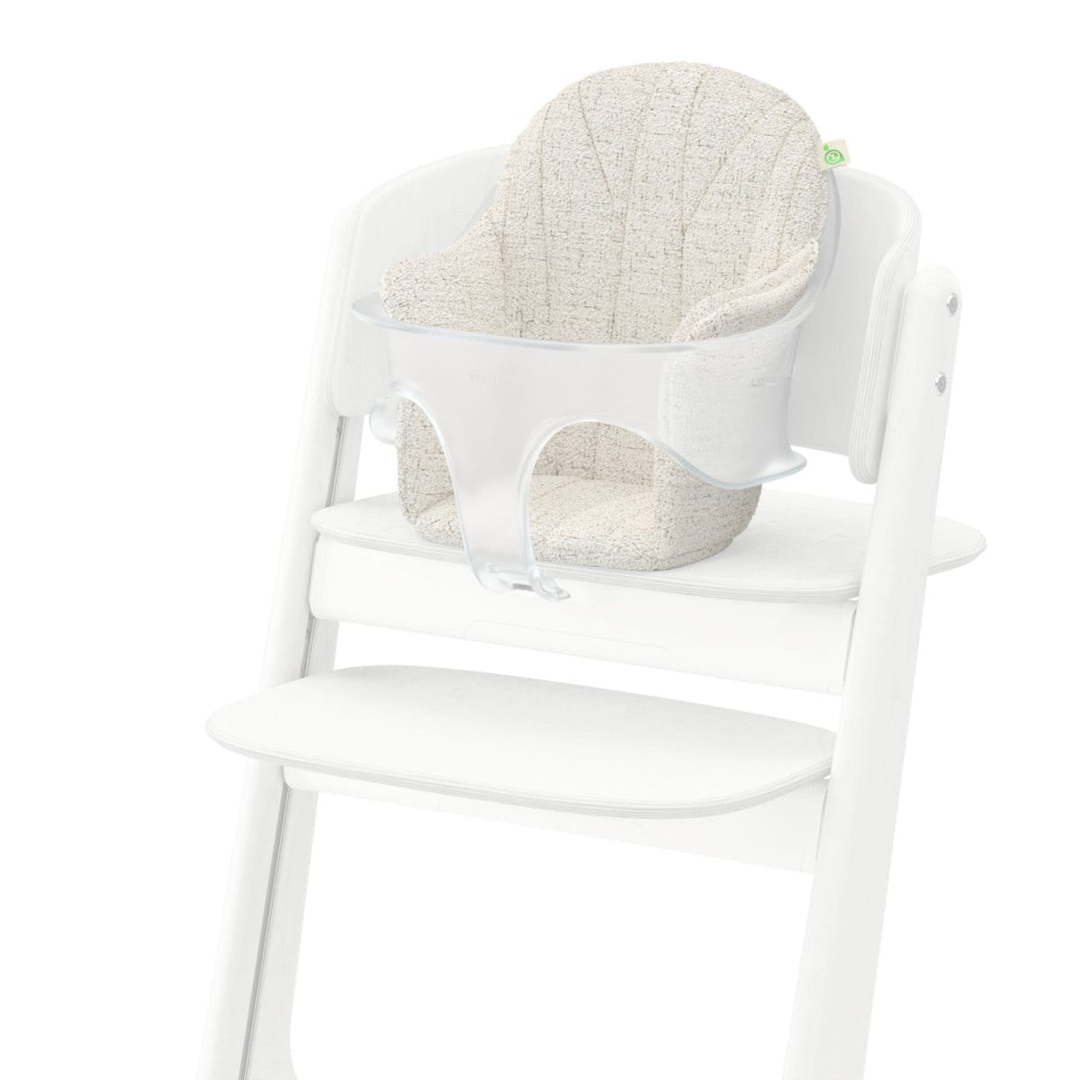 Cybex high chair with white frame and beige textured seat inlay