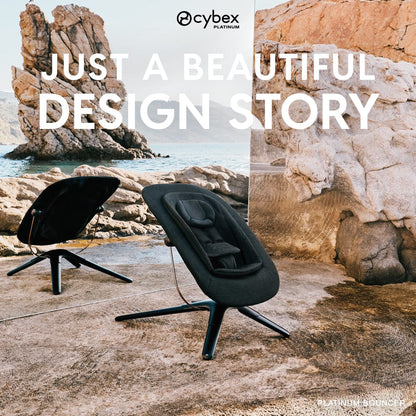Cybex Platinum bouncer on a rocky beach with text overlay