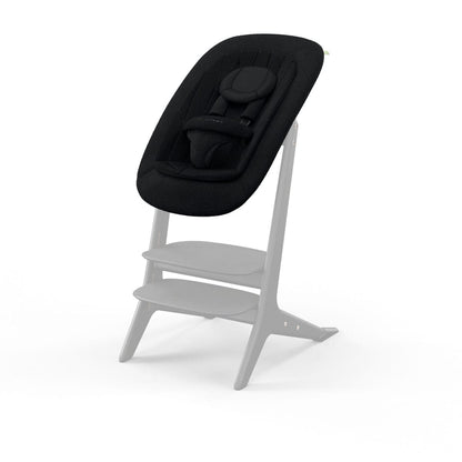 Cybex Lemo bouncer seat in black on a wooden high chair frame