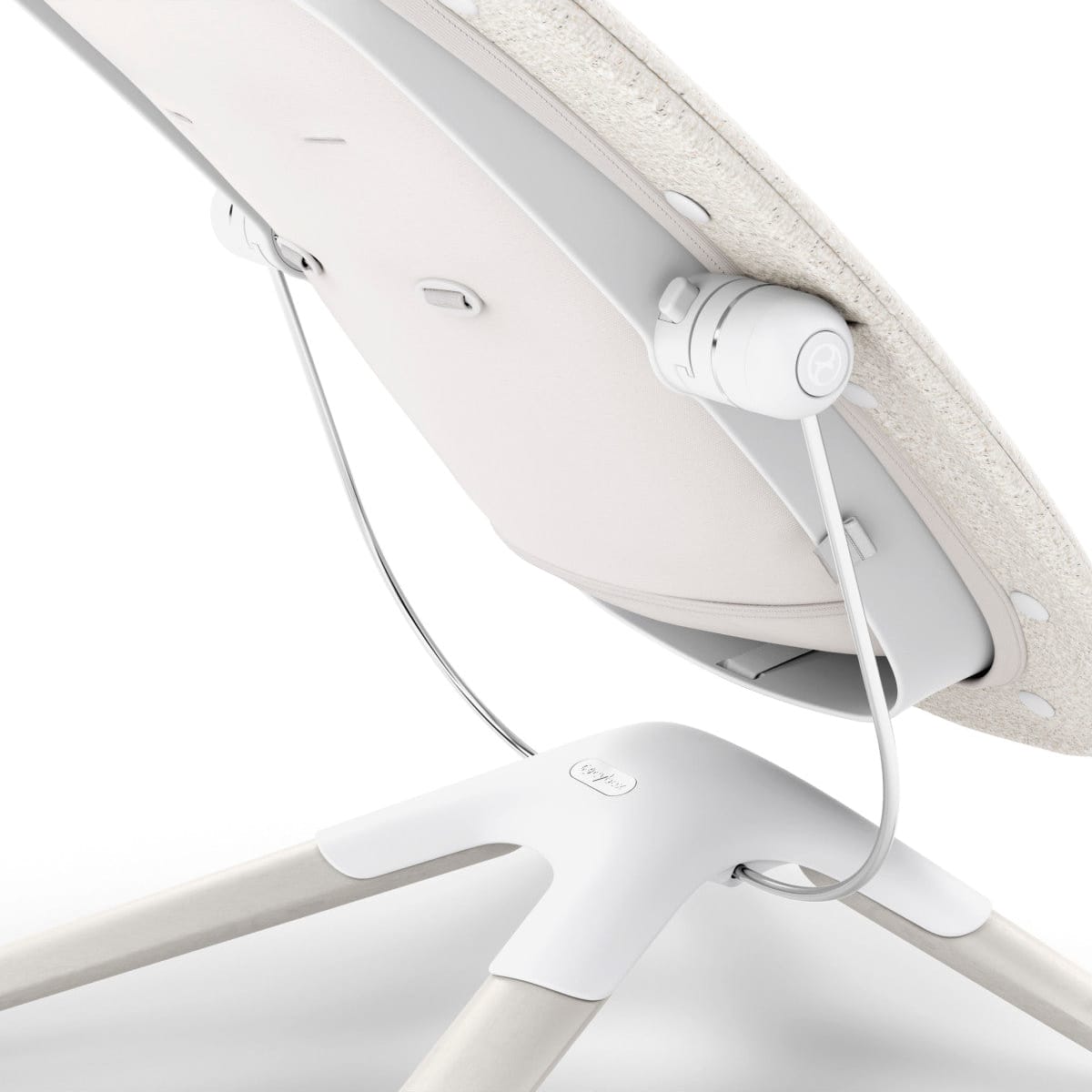 Close up of the white Cybex baby bouncer frame and reclining mechanism