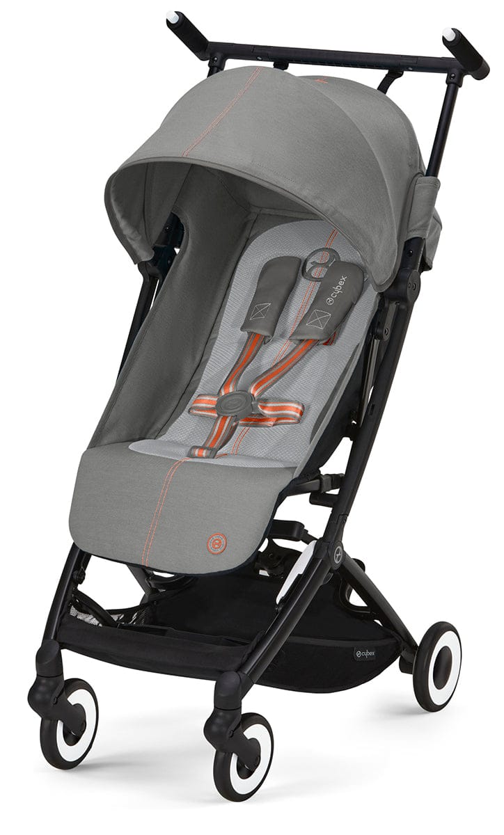 Lava grey compact stroller by Cybex with black frame, orange-accented harness, and white-rimmed wheels, front-facing view