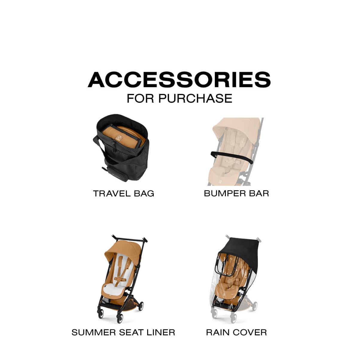Cybex stroller accessories including travel bag bumper bar summer seat liner and rain cover
