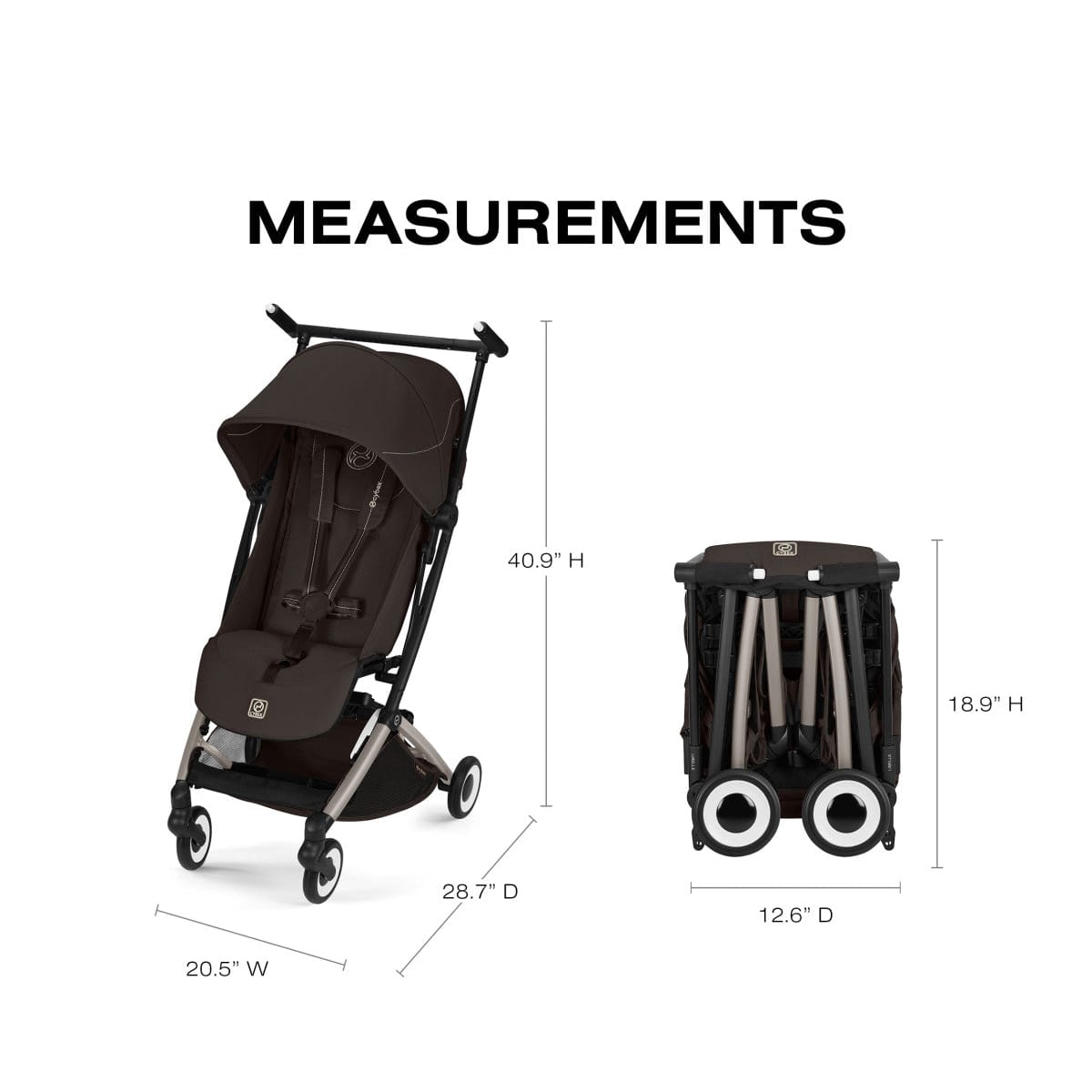 Cybex stroller dimensions showing open and folded measurements in inches