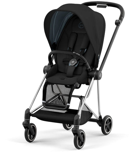 Chrome and black Mios 3 stroller by Cybex, featuring deep black fabric, mesh storage basket, and four-wheel design, front three-quarter view