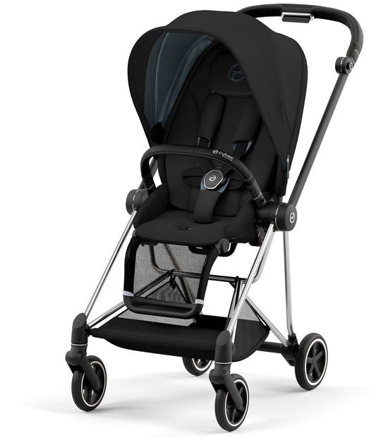 Chrome and black Mios 3 stroller by Cybex, featuring deep black fabric, mesh storage basket, and four-wheel design, front three-quarter view