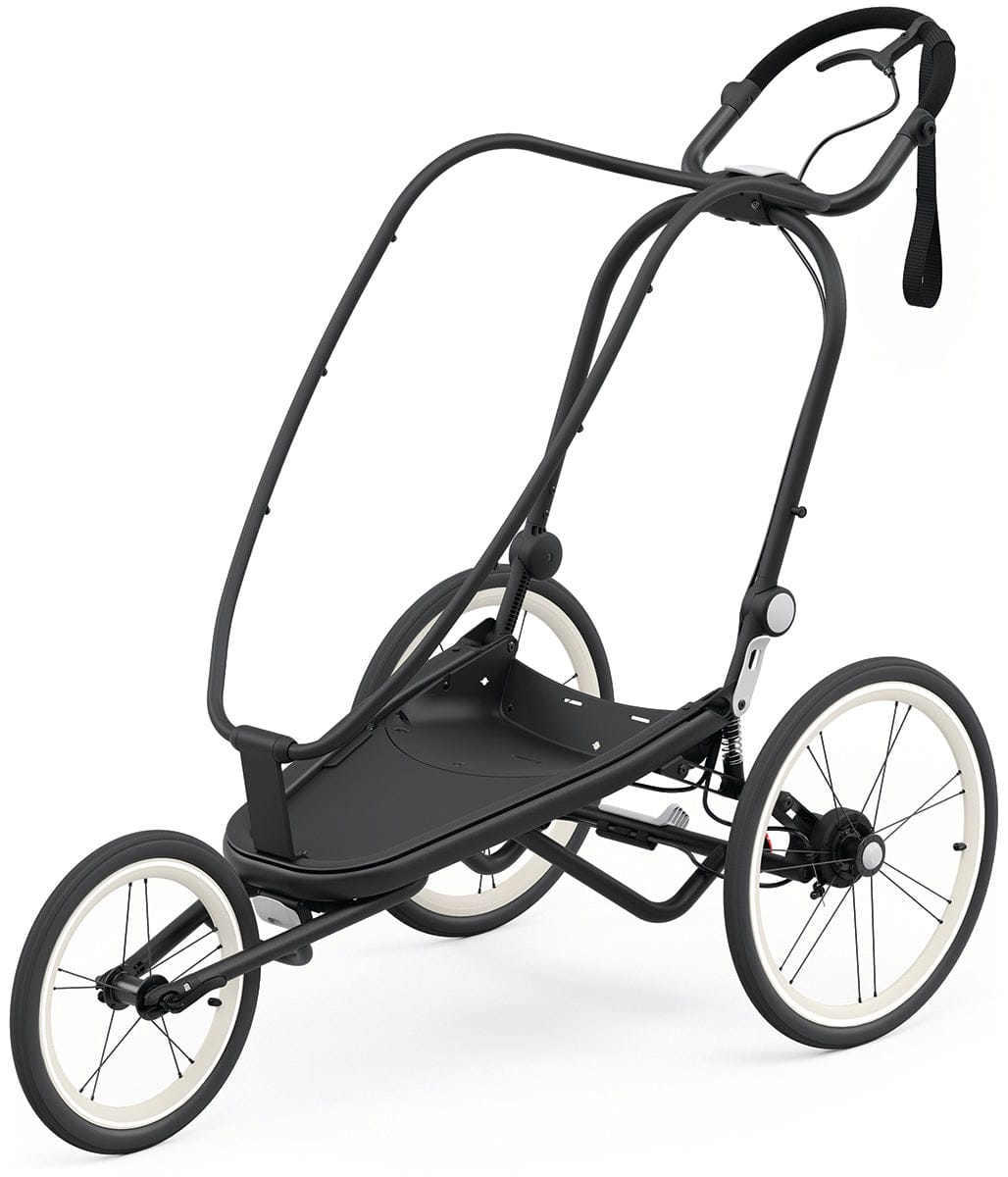 Black multisport stroller frame by Cybex with three wheels, white rims, and curved handlebar, side view