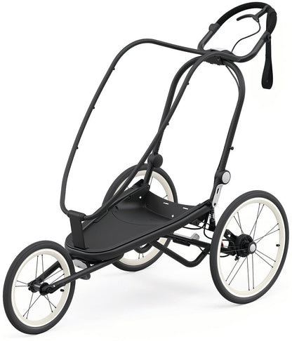 Black multisport stroller frame by Cybex with three wheels, white rims, and curved handlebar, side view