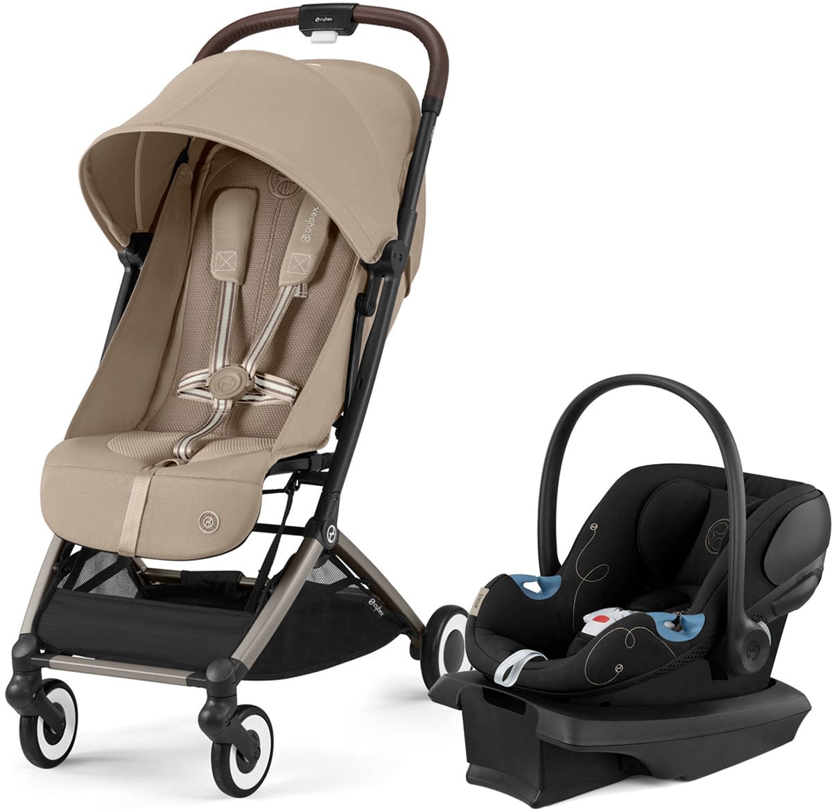 Cybex Orfeo Compact Stroller + Aton G SensorSafe Travel System Bundle - Almond Beige / Moon Black - 524000353-522004777