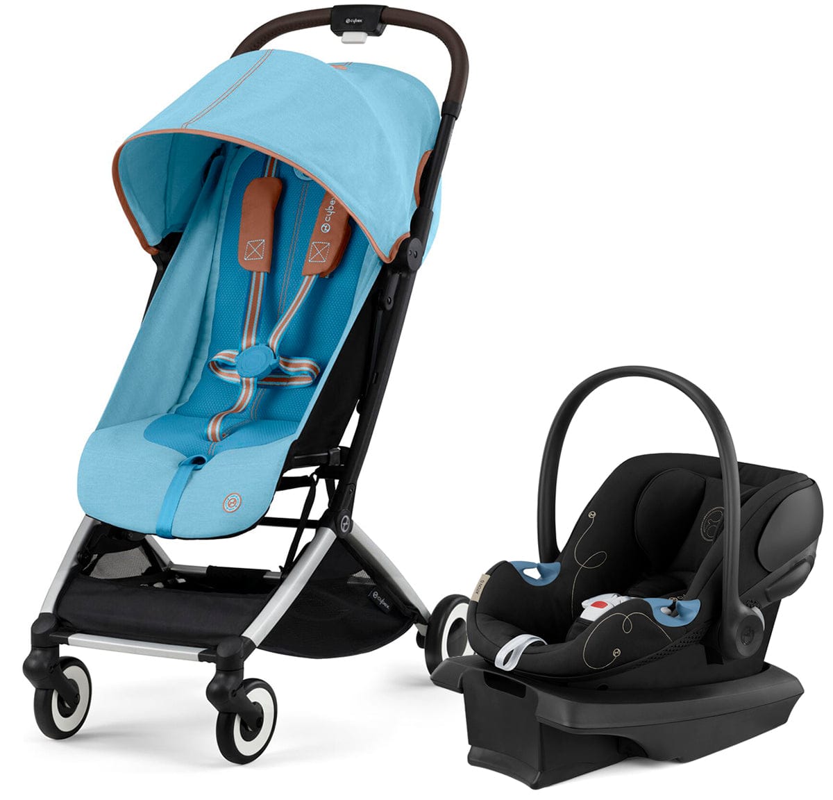 Cybex Orfeo Compact Stroller + Aton G SensorSafe Travel System Bundle - Beach Blue / Moon Black - 522004791-522004777