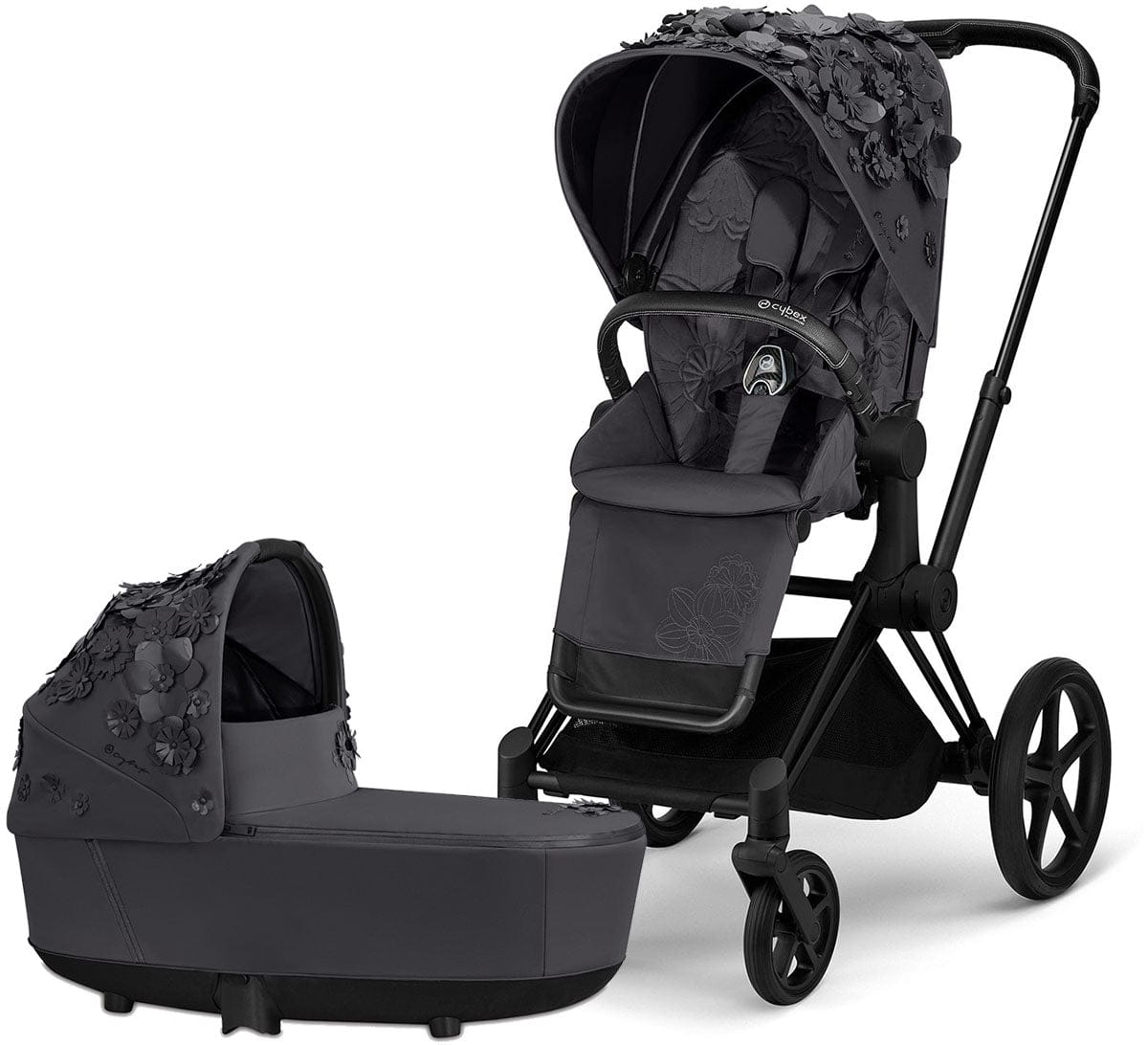 Cybex Priam 3 Complete Stroller with Lux Bassinet Bundle - Simply Flowers - Dream Grey - 519003261-B-SF-GREY