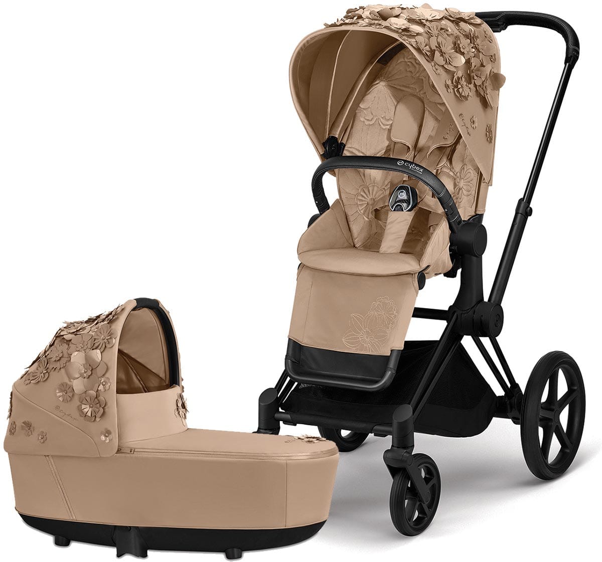 Cybex Priam 3 Complete Stroller with Lux Bassinet Bundle - Simply Flowers - Nude Beige - 519003261-B-SF-BEIGE