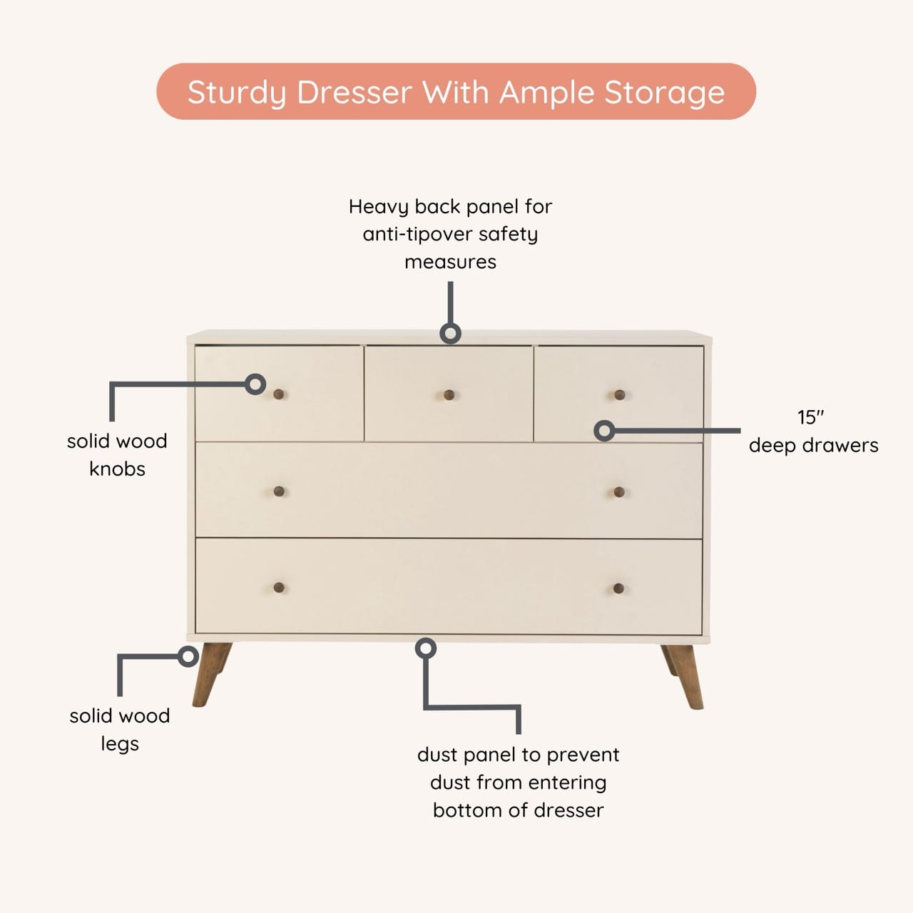 dadada Austin 5-Drawer Dresser - Almond Milk / Walnut - 43182