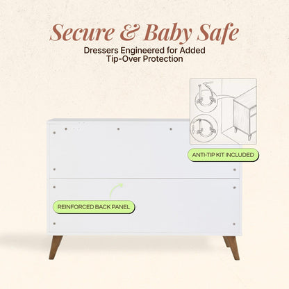 Dadada dresser back view showing reinforced panel and anti-tip kit diagram