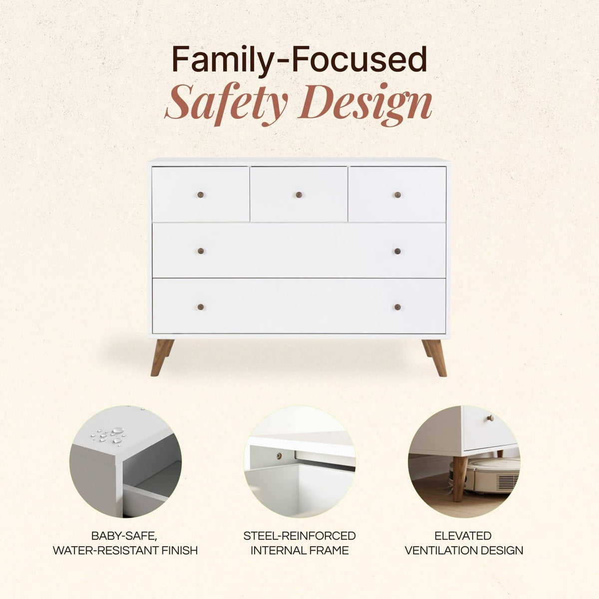 Dadada white dresser with three top drawers and two full width bottom drawers showing safety and design features