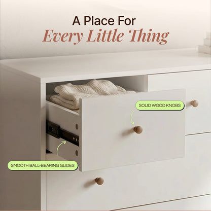 Dadada white dresser with open drawer showing ball bearing glides and solid wood knobs